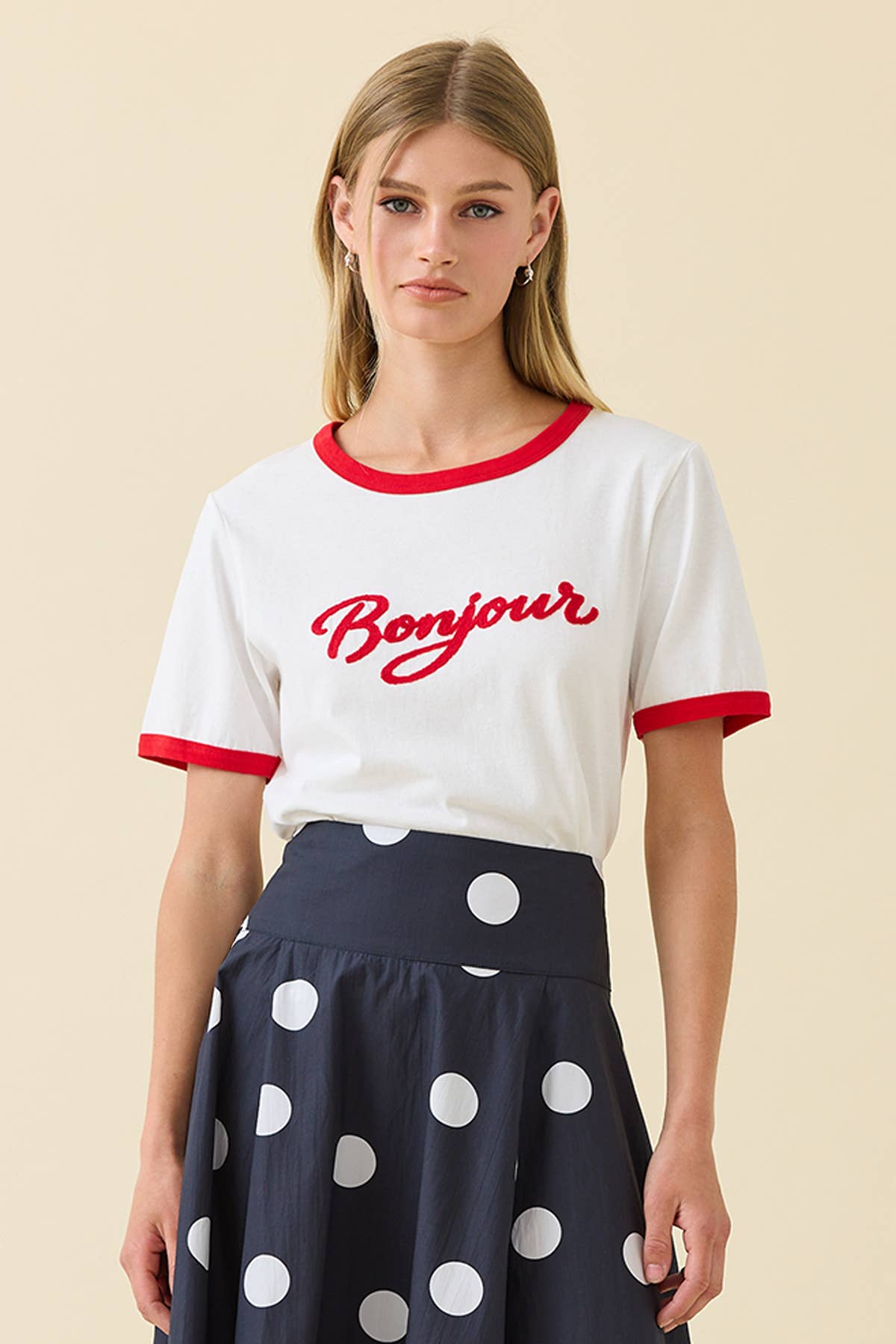 Bonjour Ringer Tee - Red at Vogue Villa