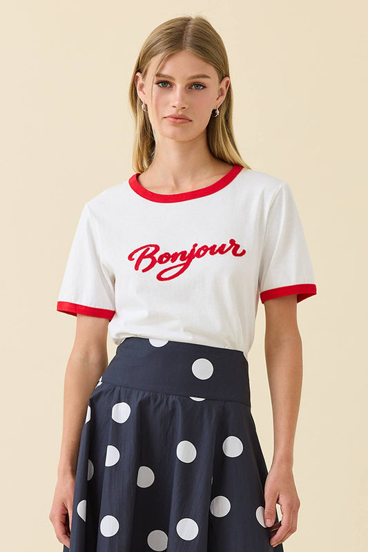 Bonjour Ringer Tee - Red at Vogue Villa