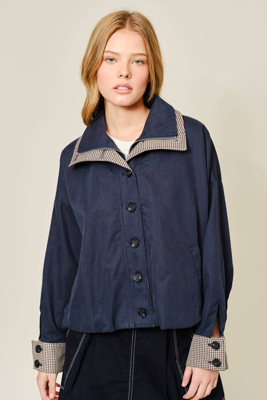 Oversized Bomber Jacket with Plaid Detail