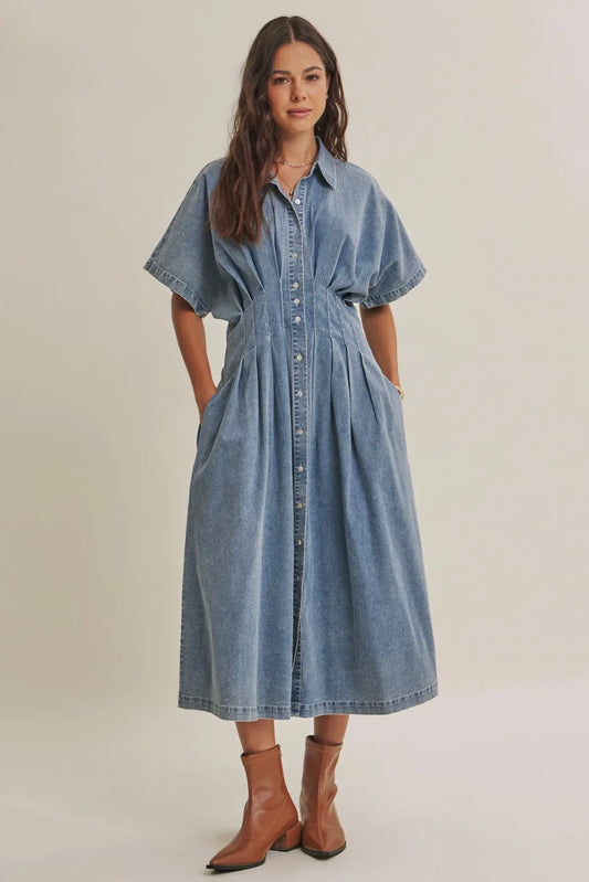 Denim Pleated Midi Dress