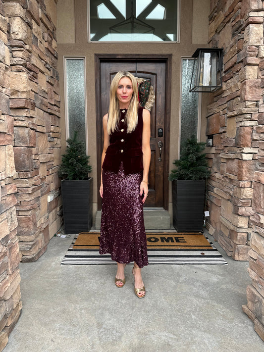 The Bordeaux Velvet Button Vest