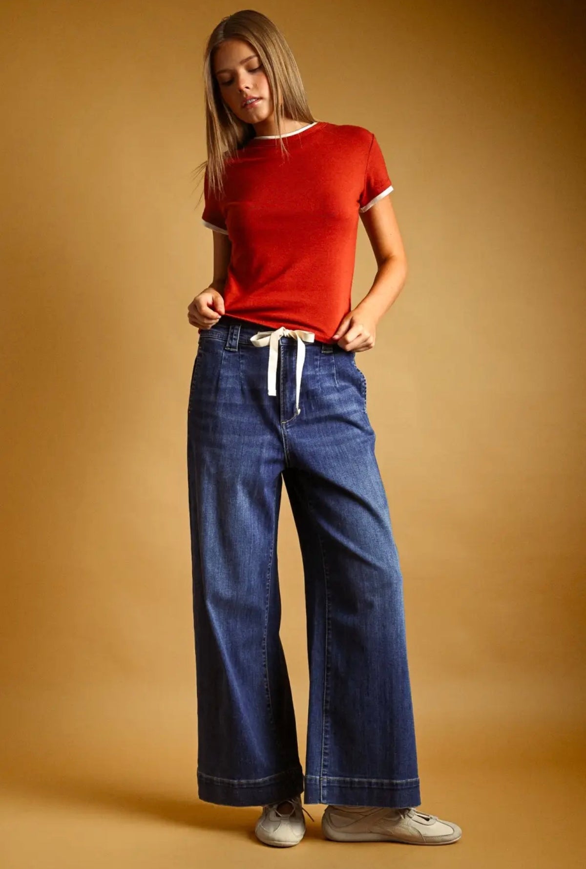 Washed Denim Tie Front Pants