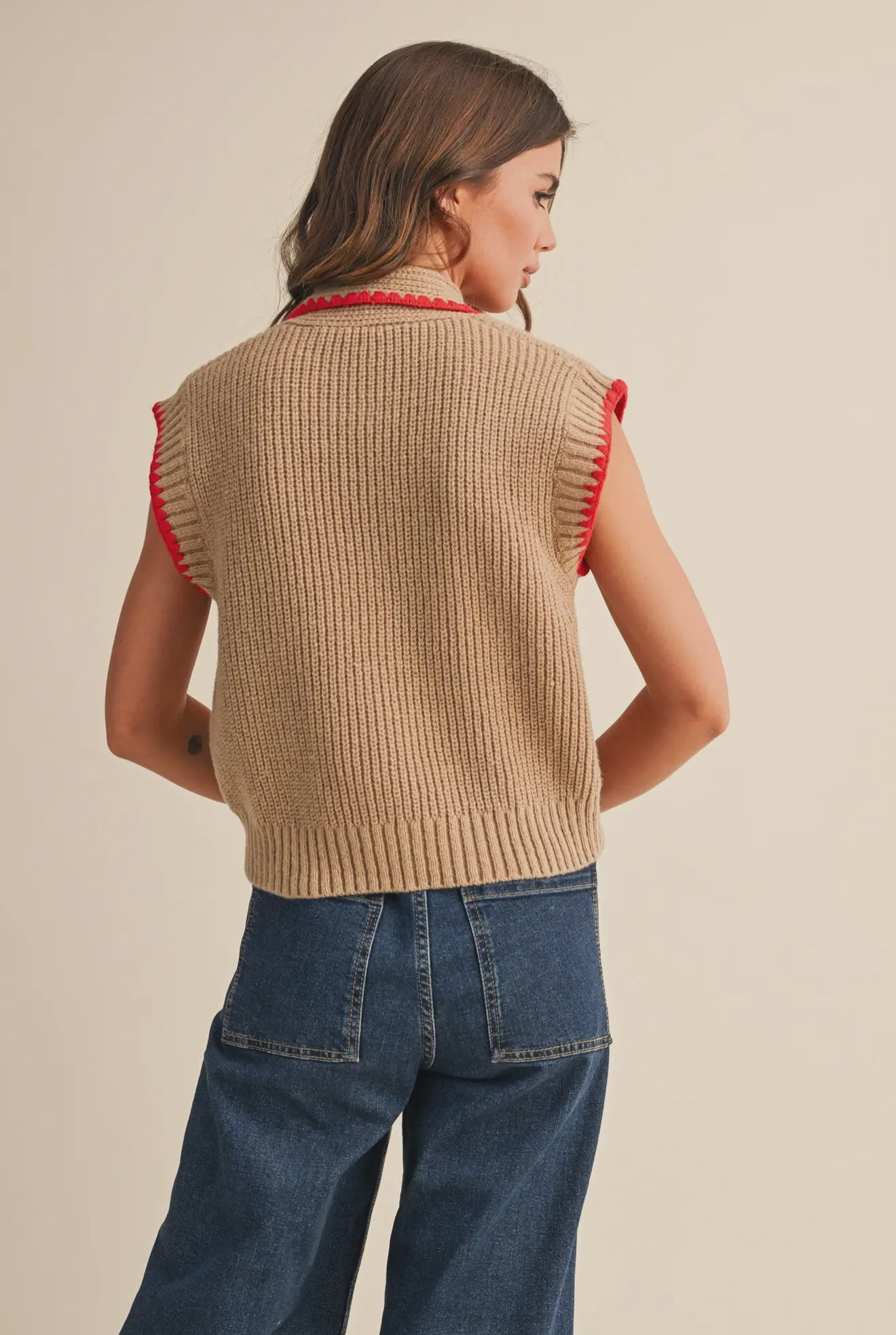 Tie Neck Sweater with Blanket Stitch