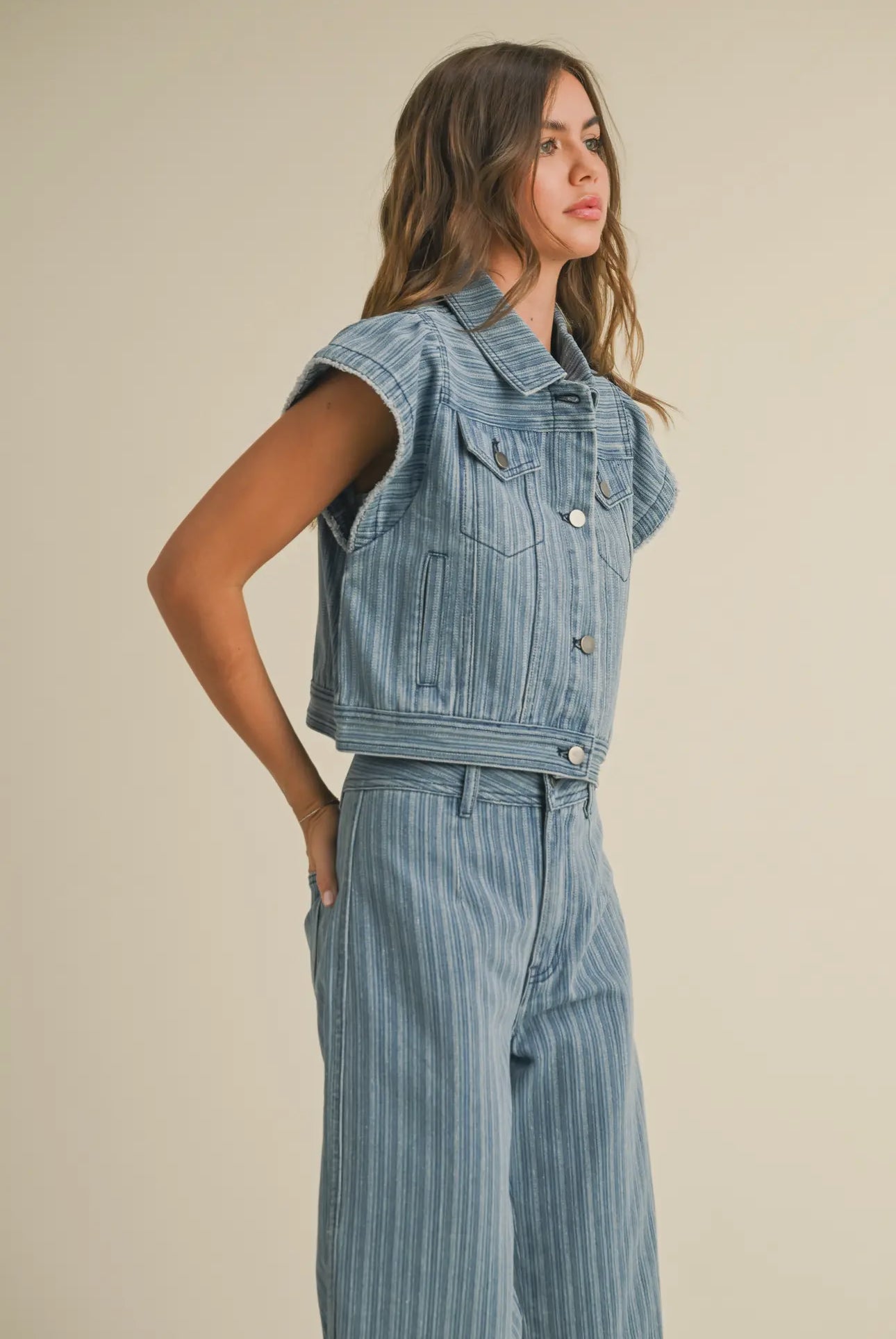 Striped Denim Ruffle Edge Denim Vest