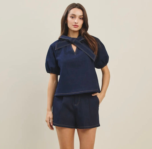 Dark Denim Bow Blouse