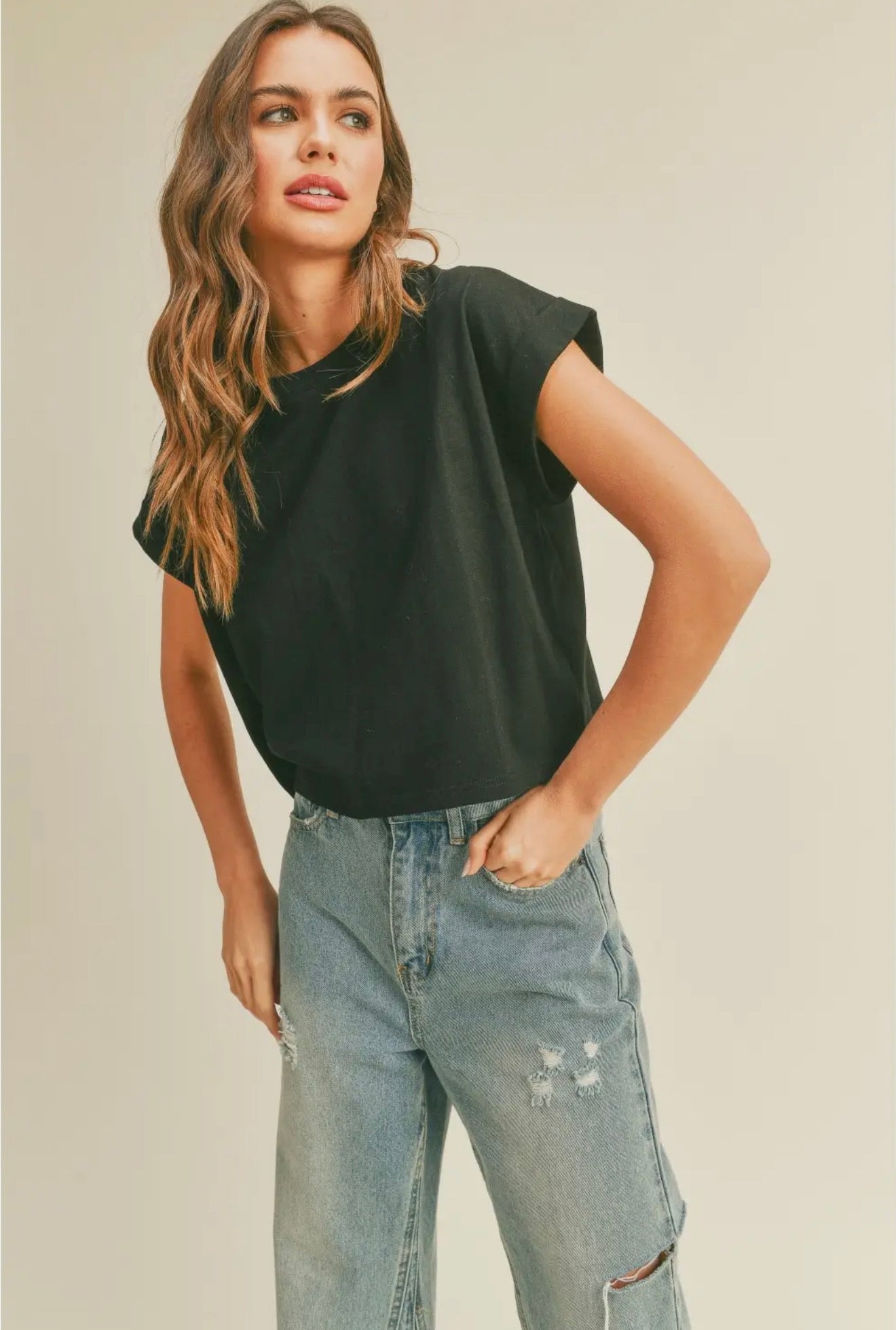 Round Neck Cuffed Sleeve Top