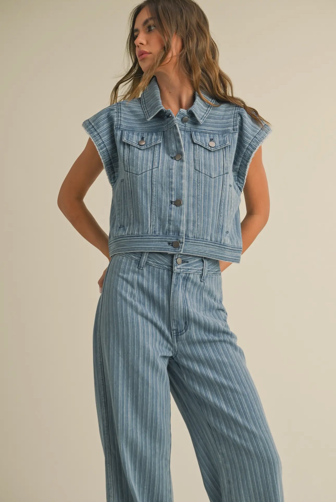 Striped Denim Ruffle Edge Denim Vest