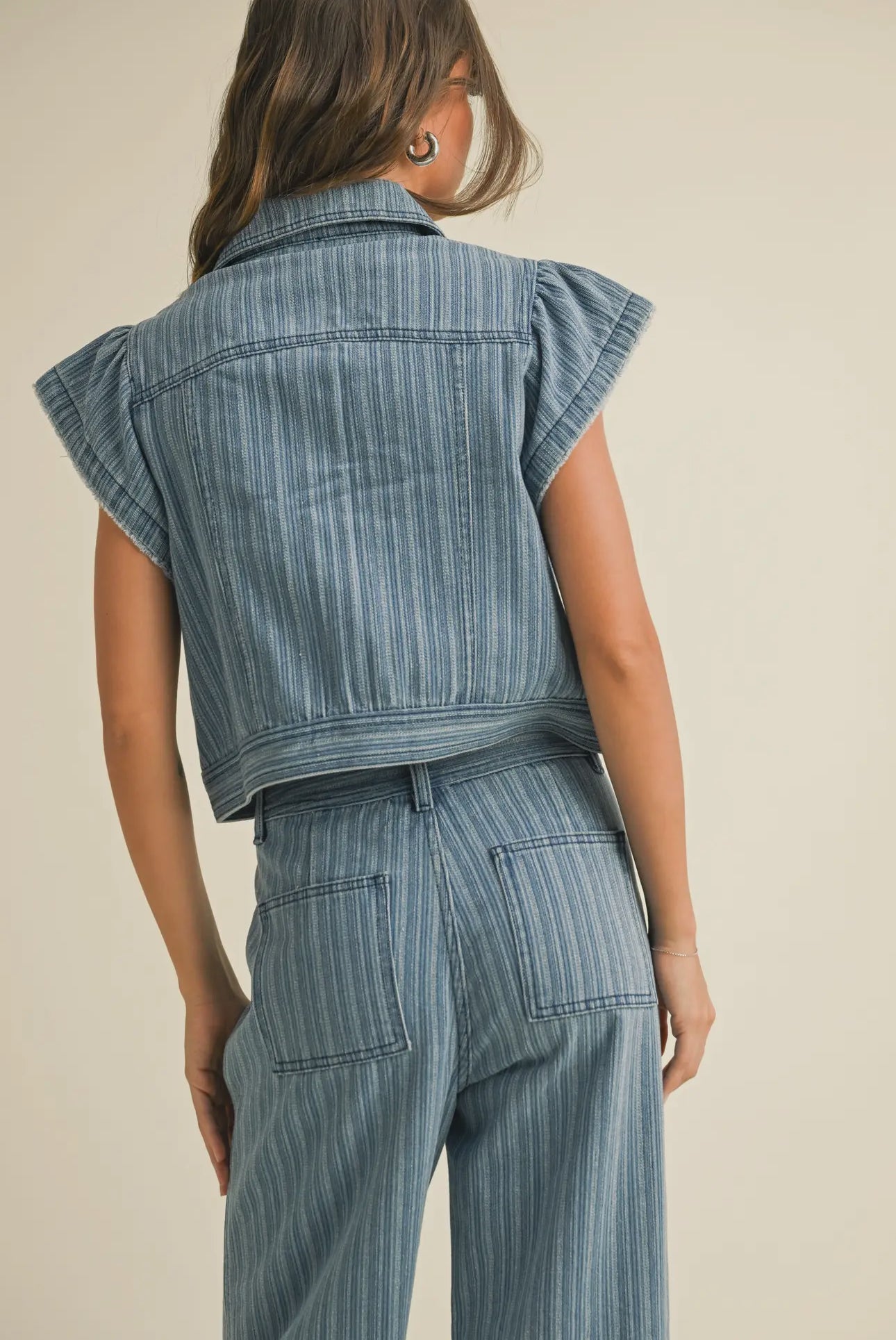 Striped Denim Ruffle Edge Denim Vest