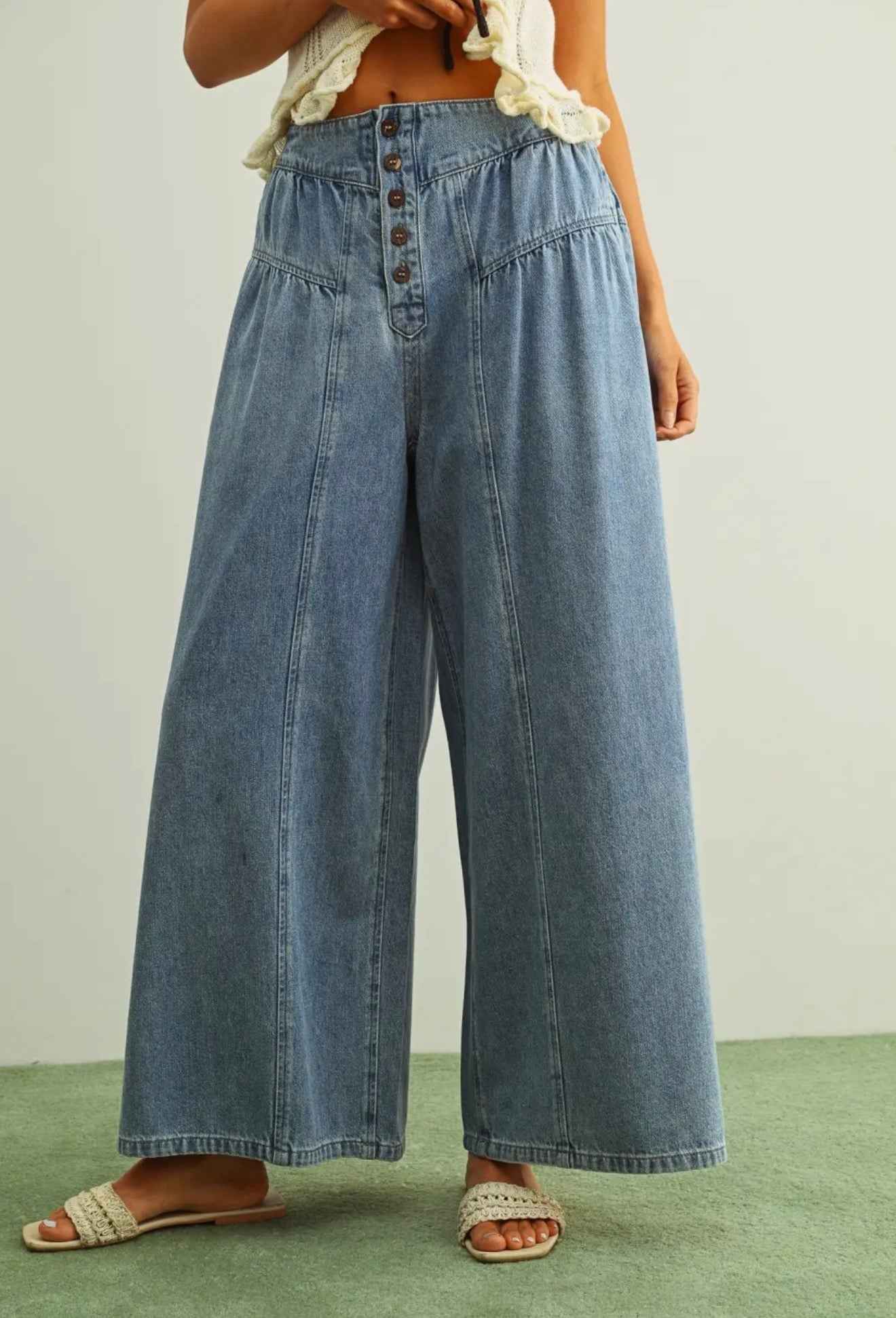 The Sloane Button-Fly Wide Leg Jeans - alternate product view at Vogue Villa