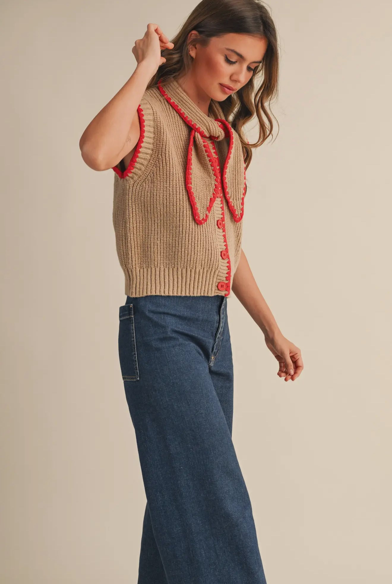 Tie Neck Sweater with Blanket Stitch