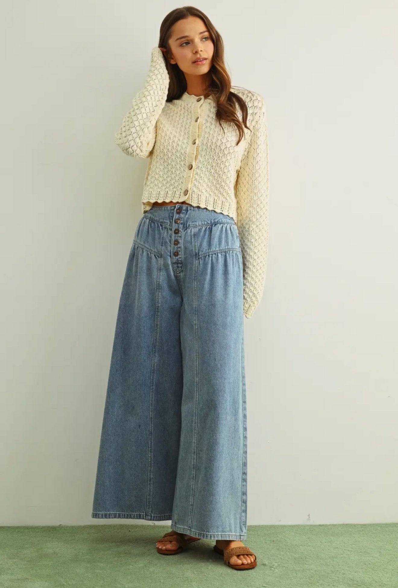 The Sloane Button-Fly Wide Leg Jeans - alternate product view at Vogue Villa
