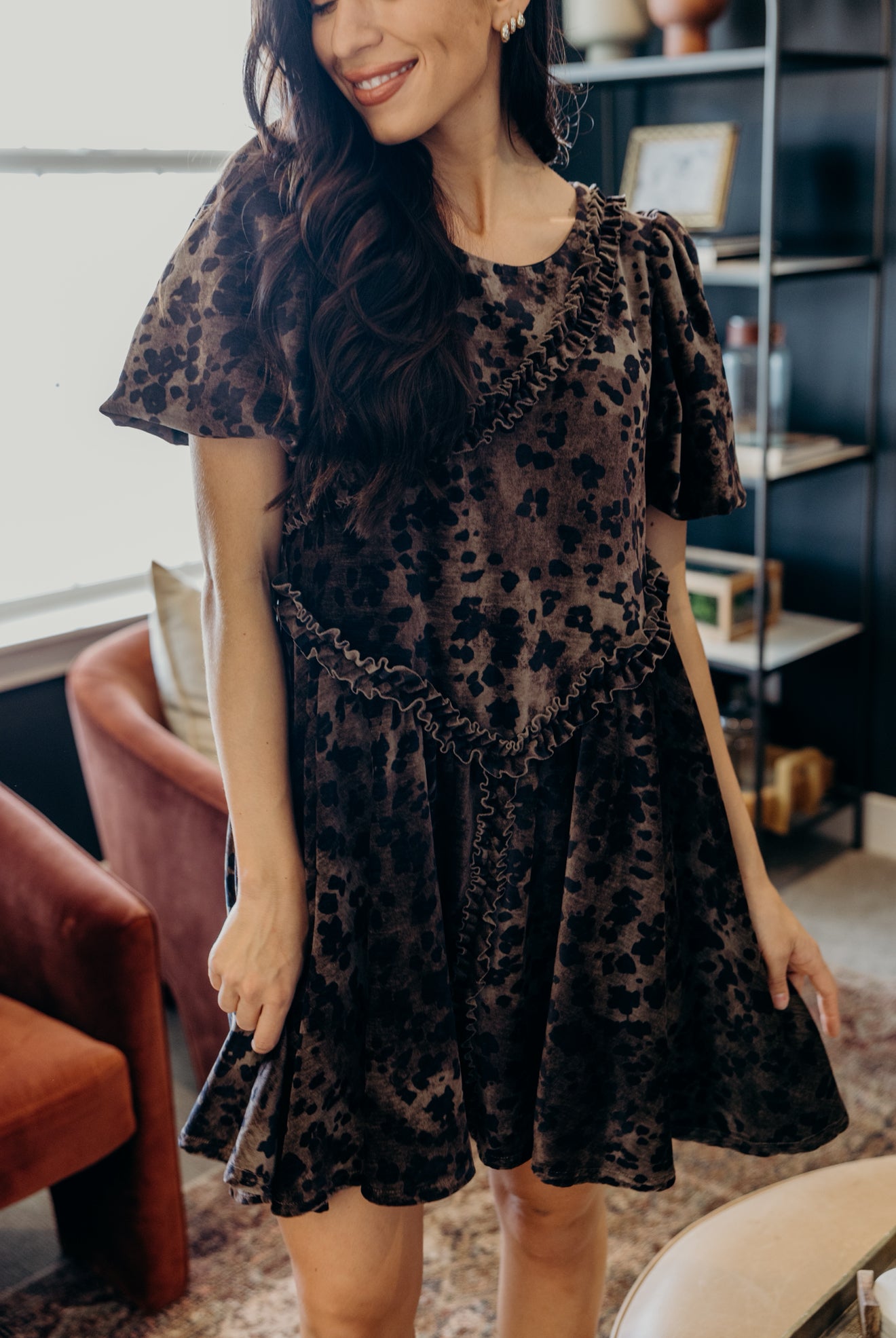 Leopard Velvet Ruffle Dress