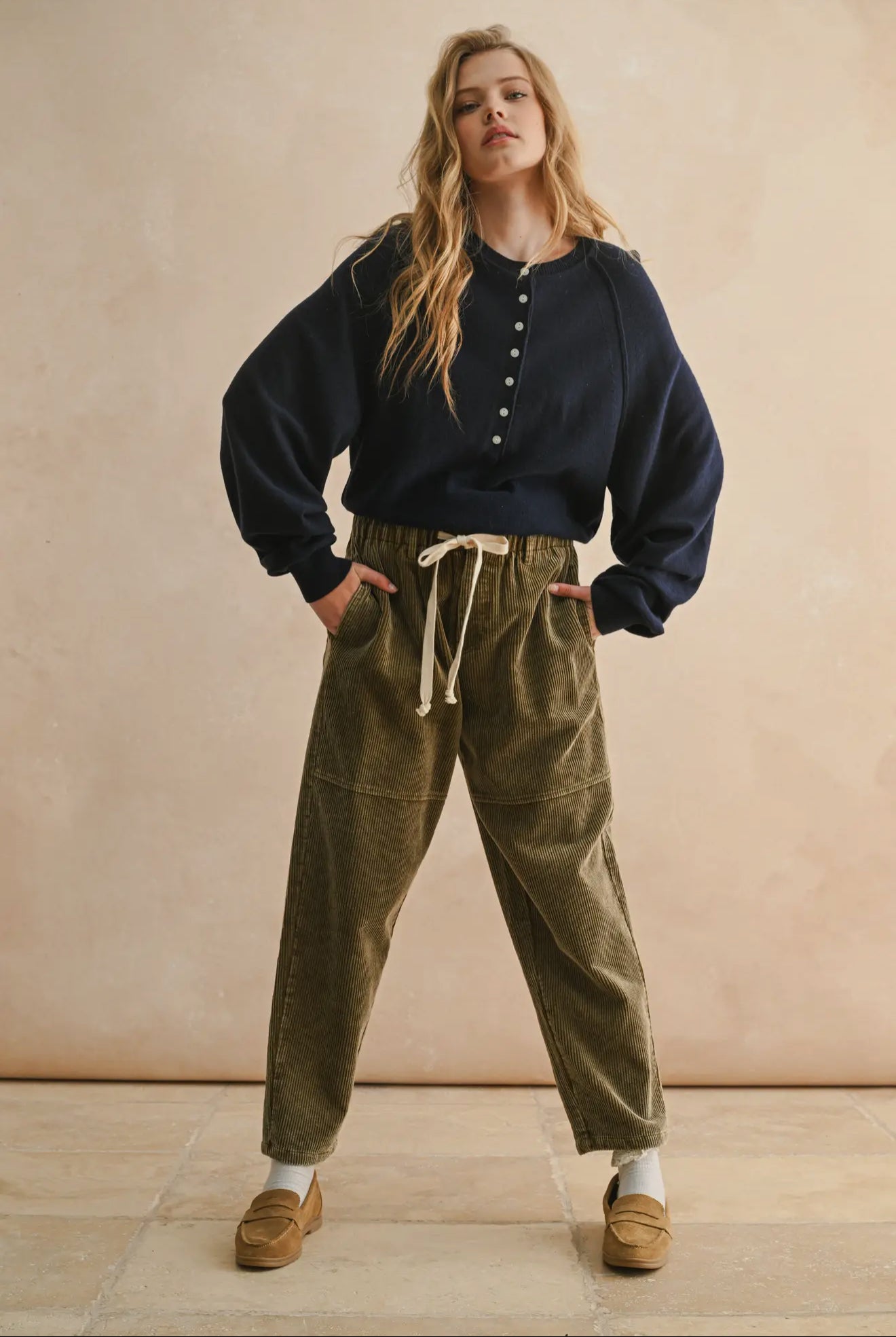 Tie Waist Corduroy Barrel Pants