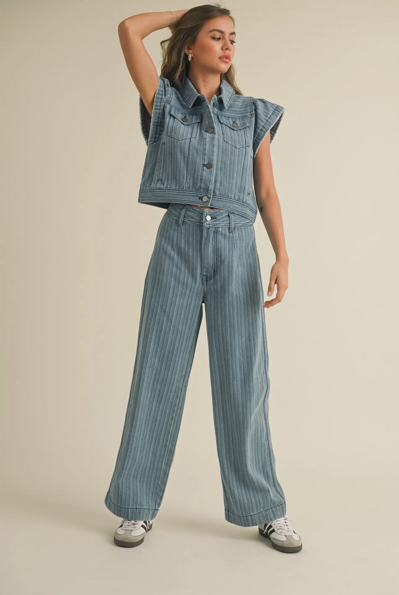 Striped Denim Ruffle Edge Denim Vest