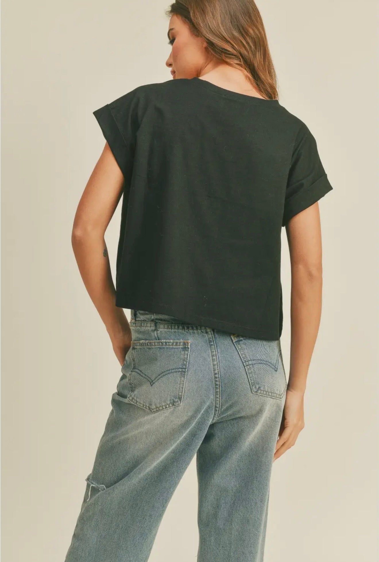 Round Neck Cuffed Sleeve Top