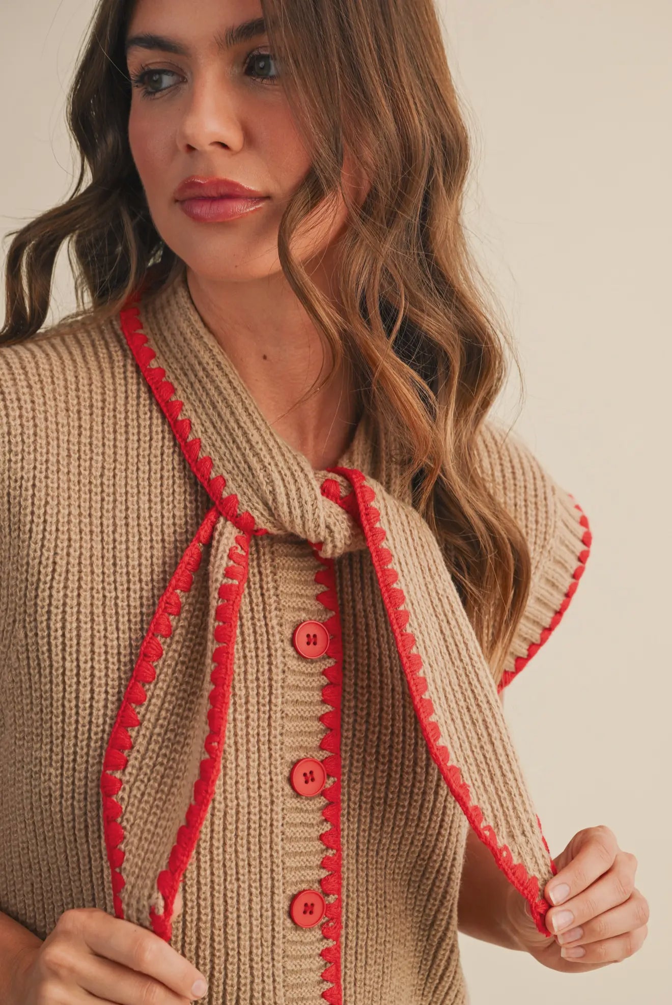 Tie Neck Sweater with Blanket Stitch