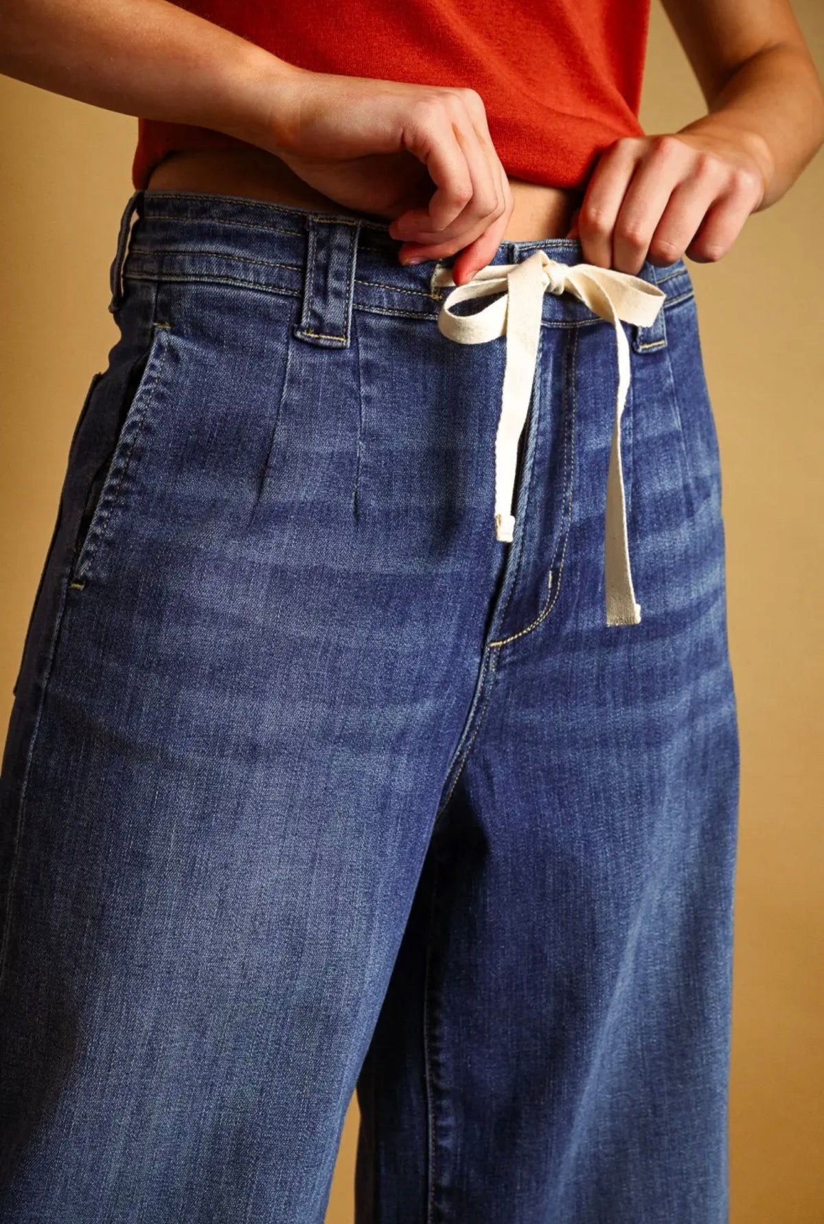 Washed Denim Tie Front Pants