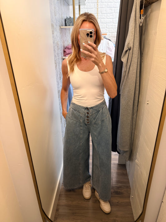 The Sloane Button-Fly Wide Leg Jeans