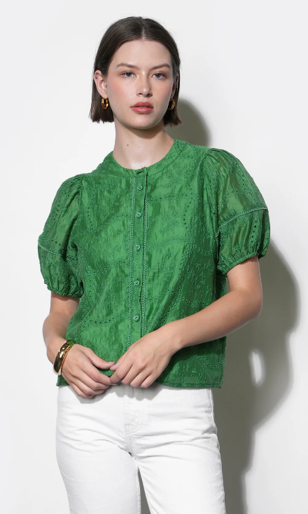 Emerald Puff Sleeve Eyelet Embroidered Blouse - alternate product view at Vogue Villa