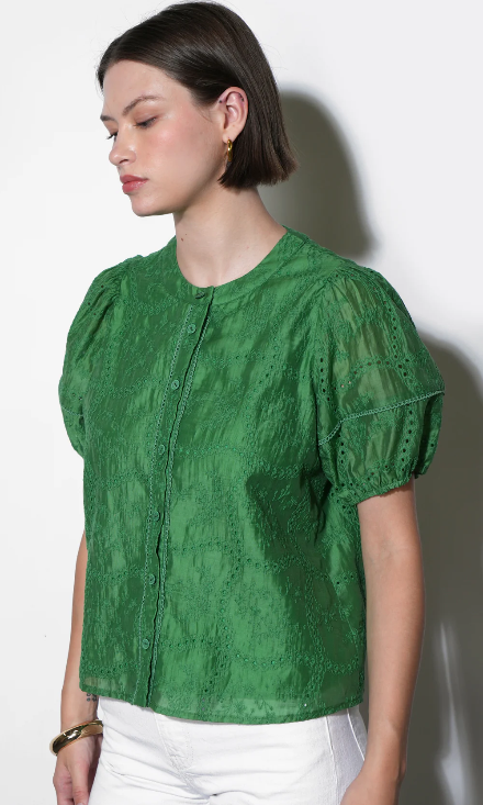 Emerald Puff Sleeve Eyelet Embroidered Blouse at Vogue Villa