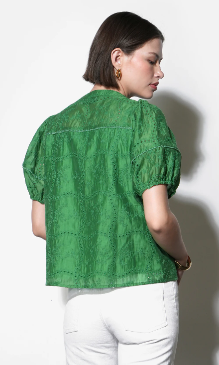 Emerald Puff Sleeve Eyelet Embroidered Blouse - alternate product view at Vogue Villa