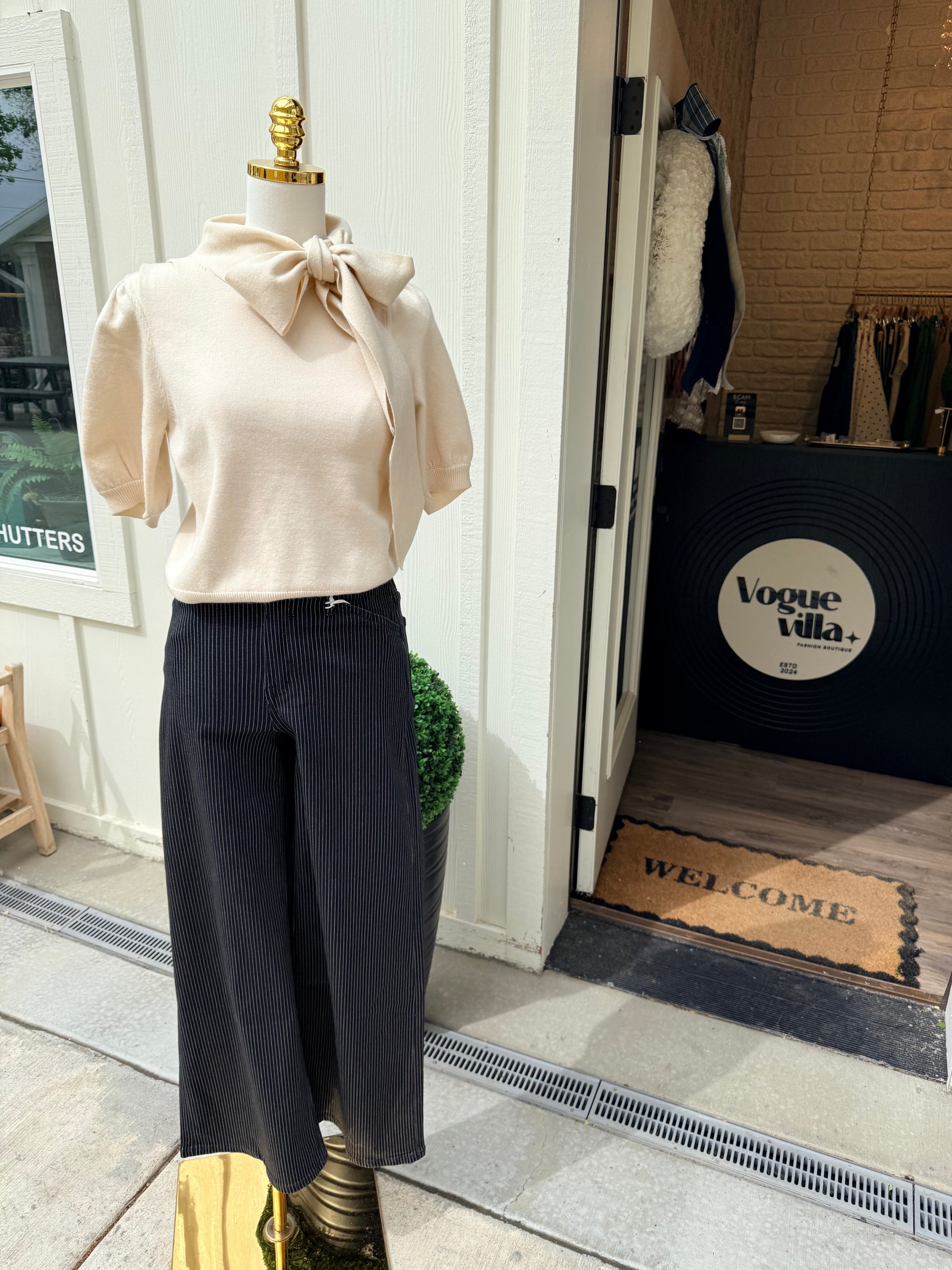Puff Sleeve Tie-Neck Sweater at Vogue Villa