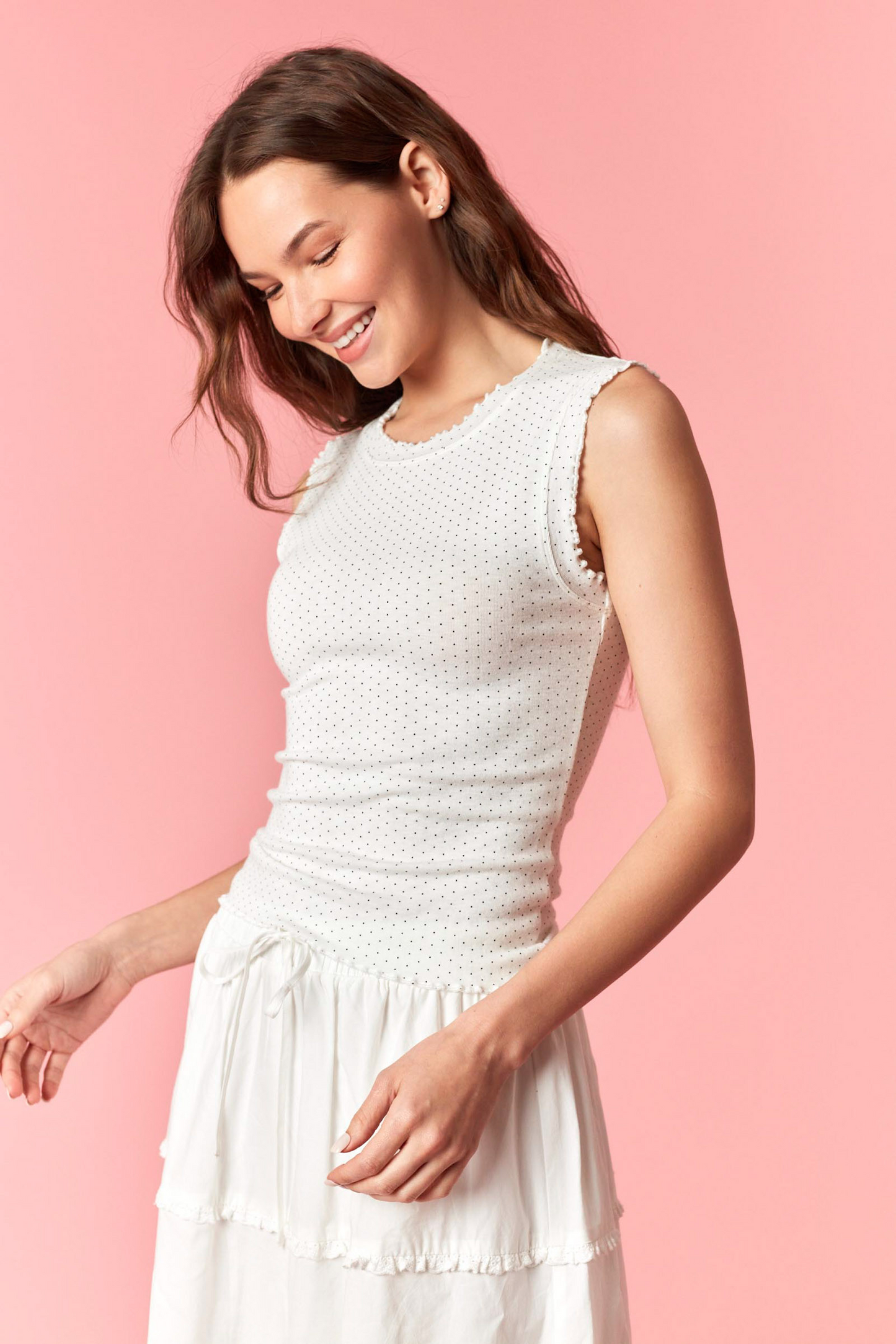 Mini Polka Dot Ruffle Detail Tank Top