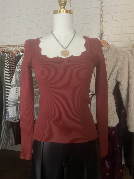Scallop Neck Ribbed Sweater
