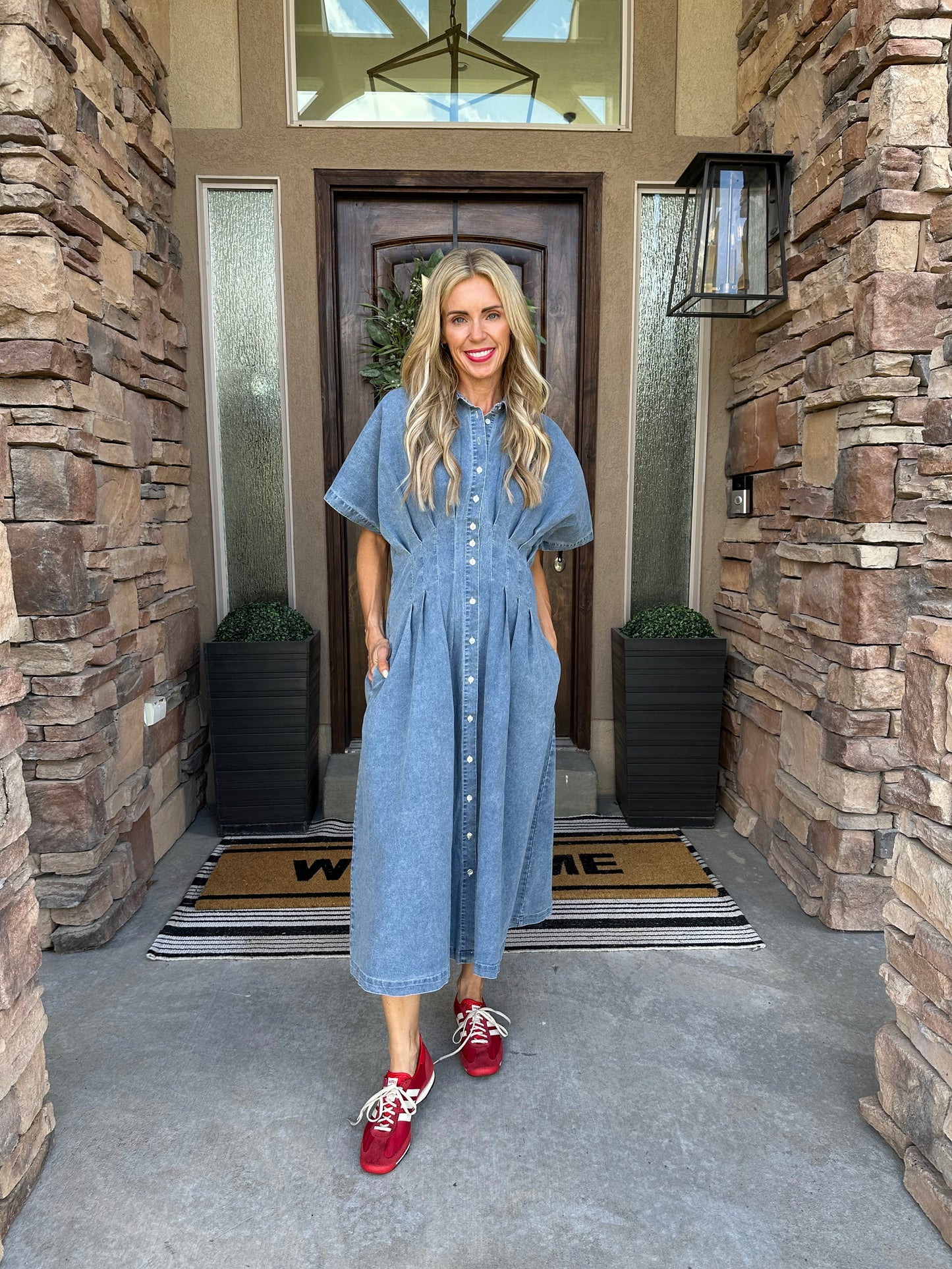 Denim Pleated Midi Dress