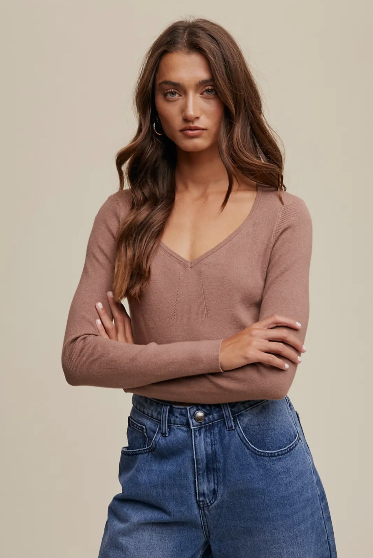 Slim Fit V-Neck Long Sleeve Ribbed Sweater Top