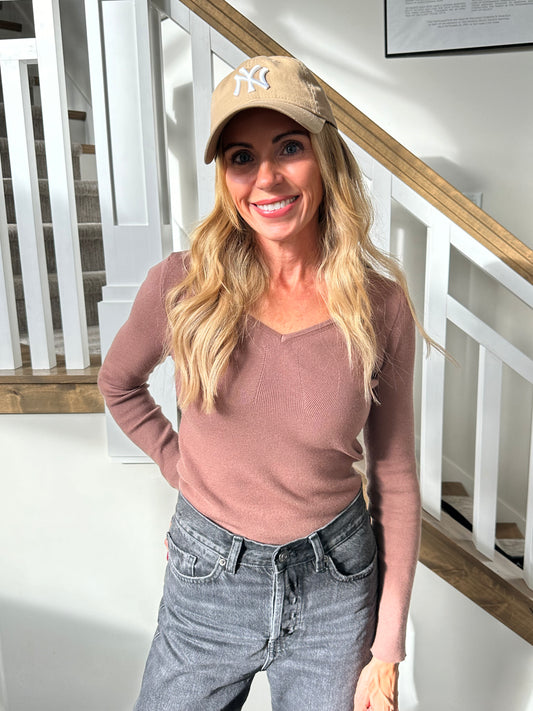 Slim Fit V-Neck Long Sleeve Ribbed Sweater Top
