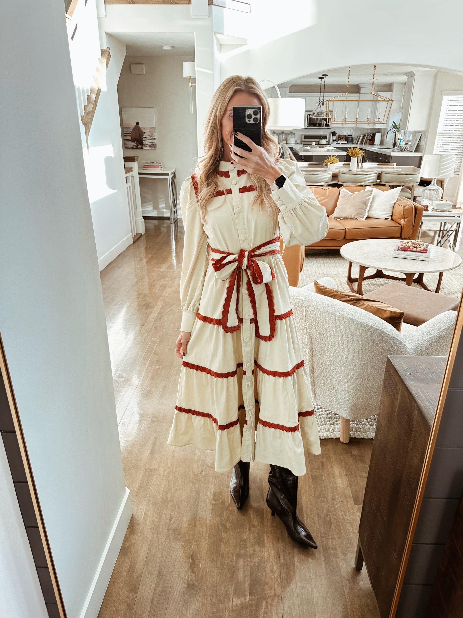 Tiered Scalloped Detail Long Sleeve Midi Dress at Vogue Villa