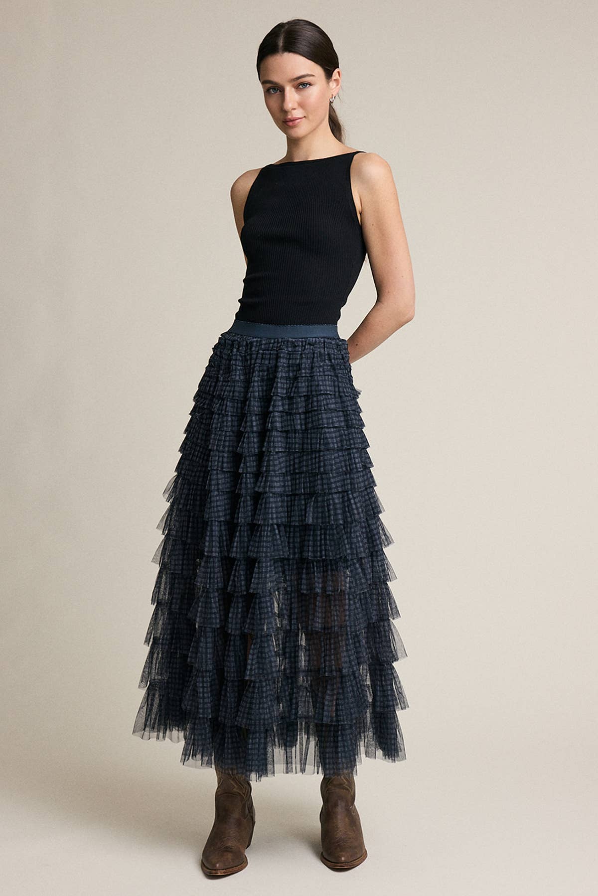 Plaid Mesh Ruffle Maxi Skirt