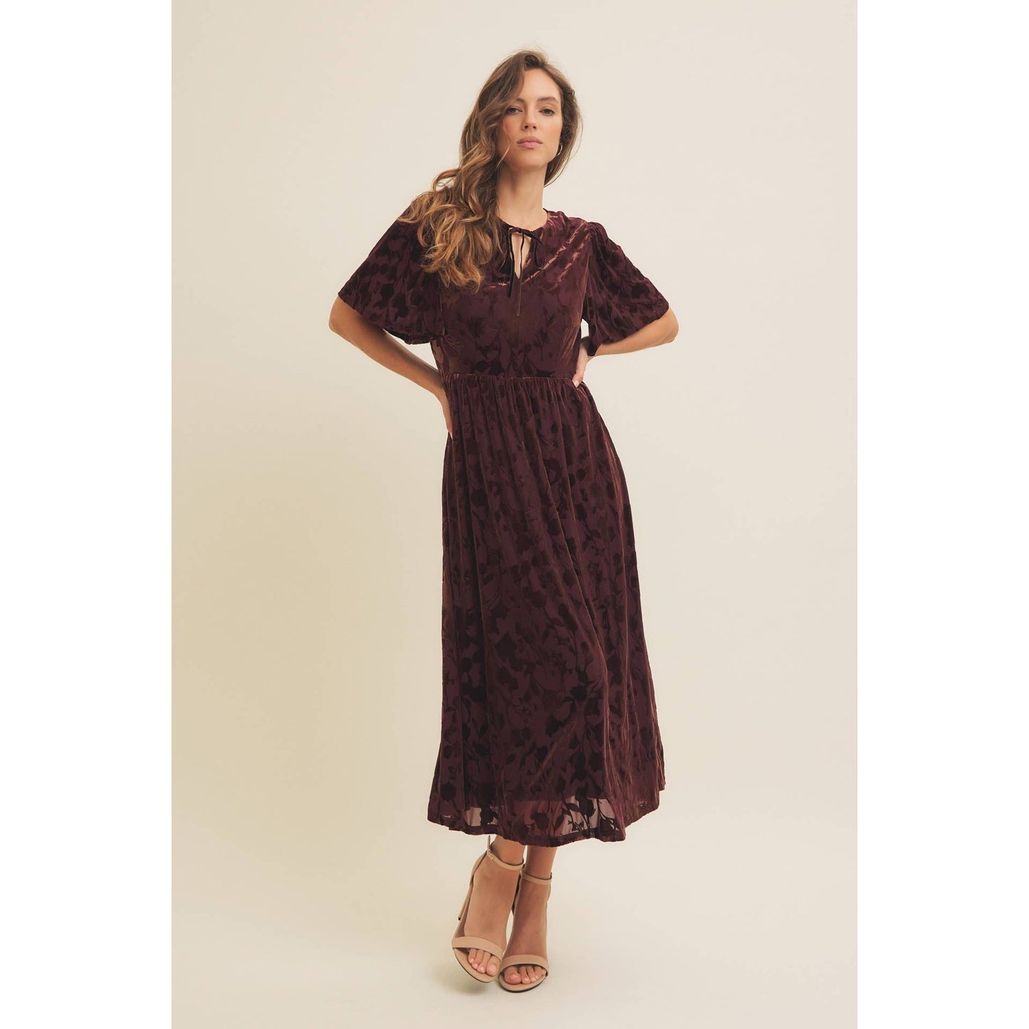 Floral Velvet Burn-Out Midi Dress with Flutter Sleeves