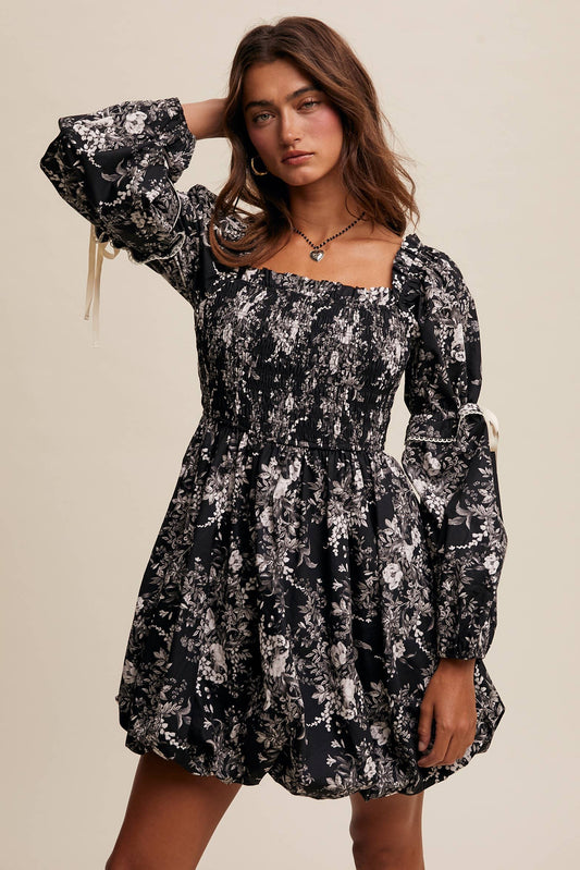 Romantic Floral Smocked Bubble Mini Dress