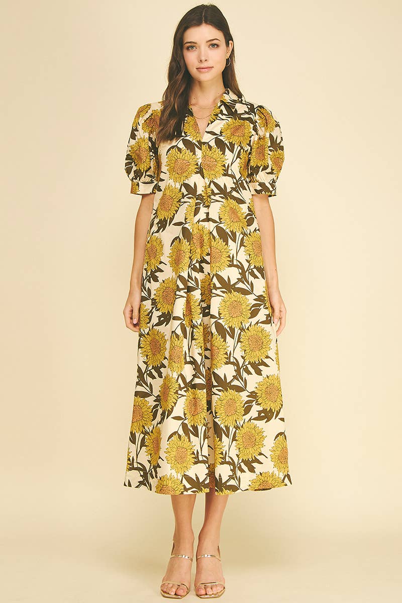 Golden Sunflower Puff Sleeve Midi Dress