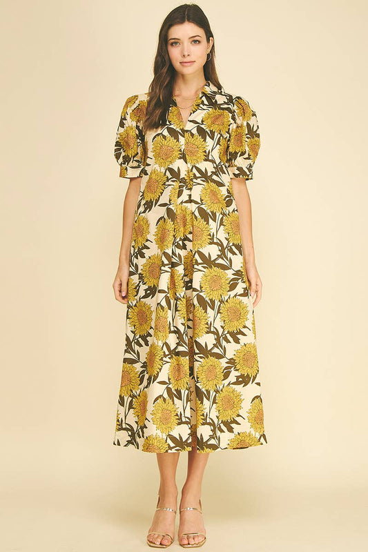 Golden Sunflower Puff Sleeve Midi Dress