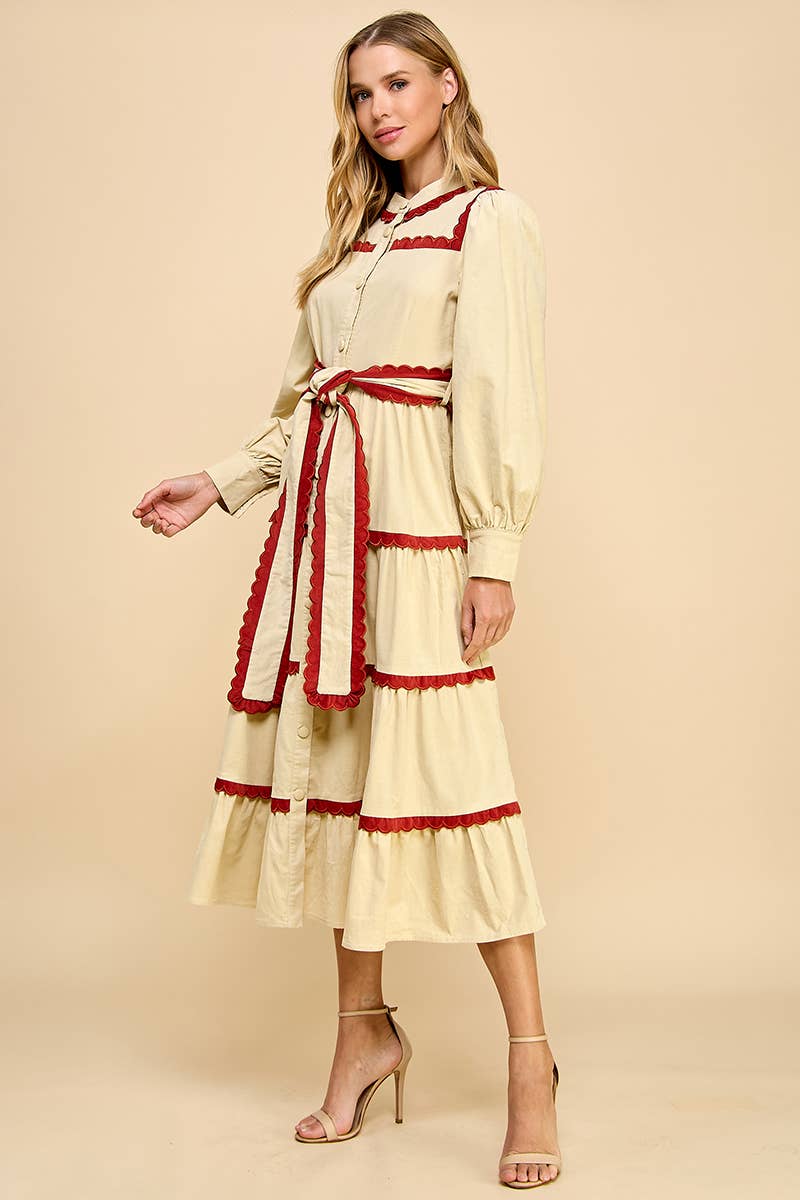 Tiered Scalloped Detail Long Sleeve Midi Dress - alternate product view at Vogue Villa
