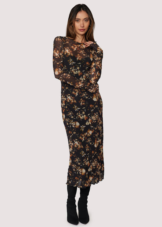 Moonlit Meadow Midi Dress - Fall Floral Mesh Long Sleeves