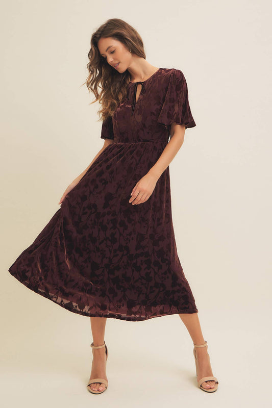 Floral Velvet Burn-Out Midi Dress with Flutter Sleeves