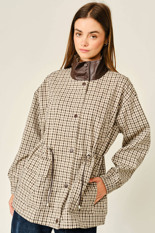 Plaid Faux Leather Funnel Neck Jacket
