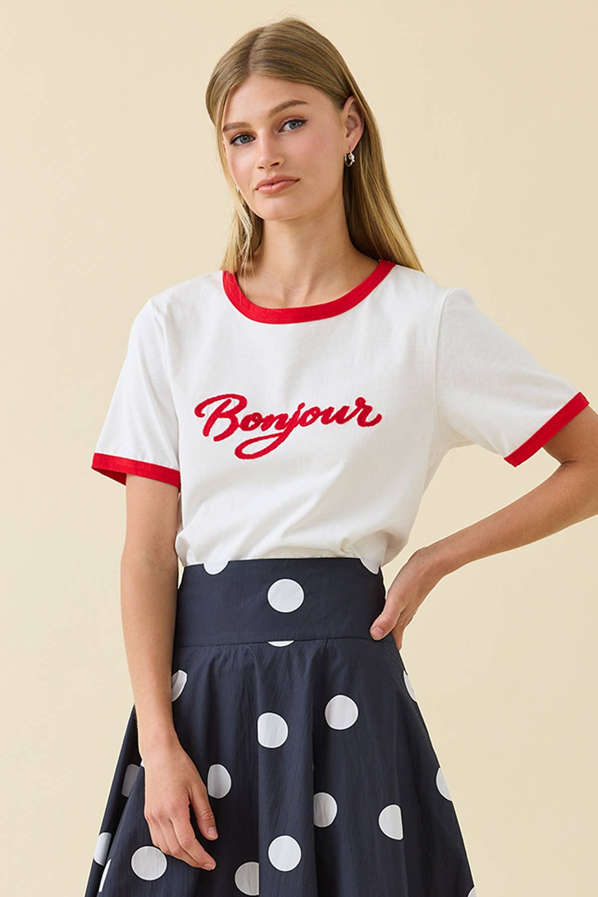 Bonjour Ringer Tee - Red - alternate product view at Vogue Villa