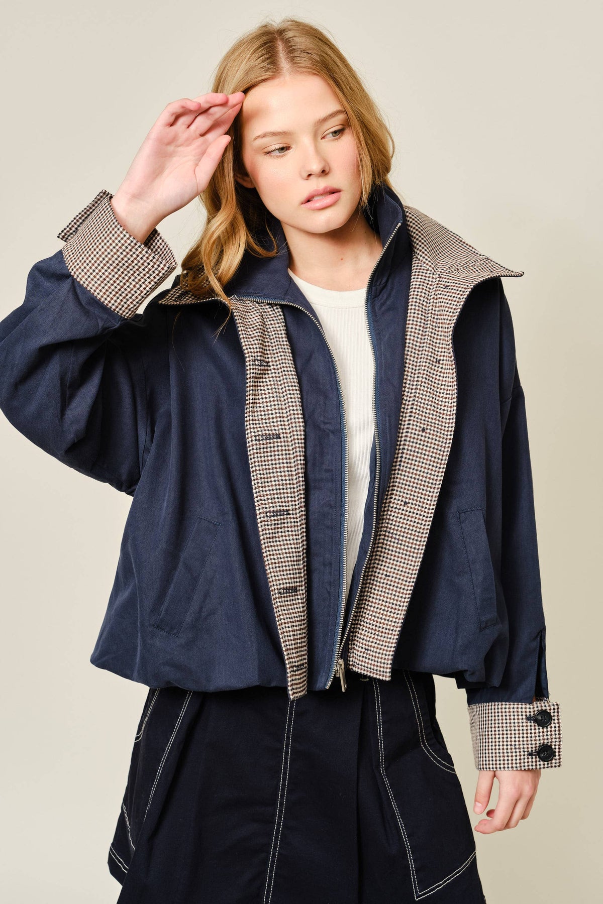 Oversized Bomber Jacket with Plaid Detail
