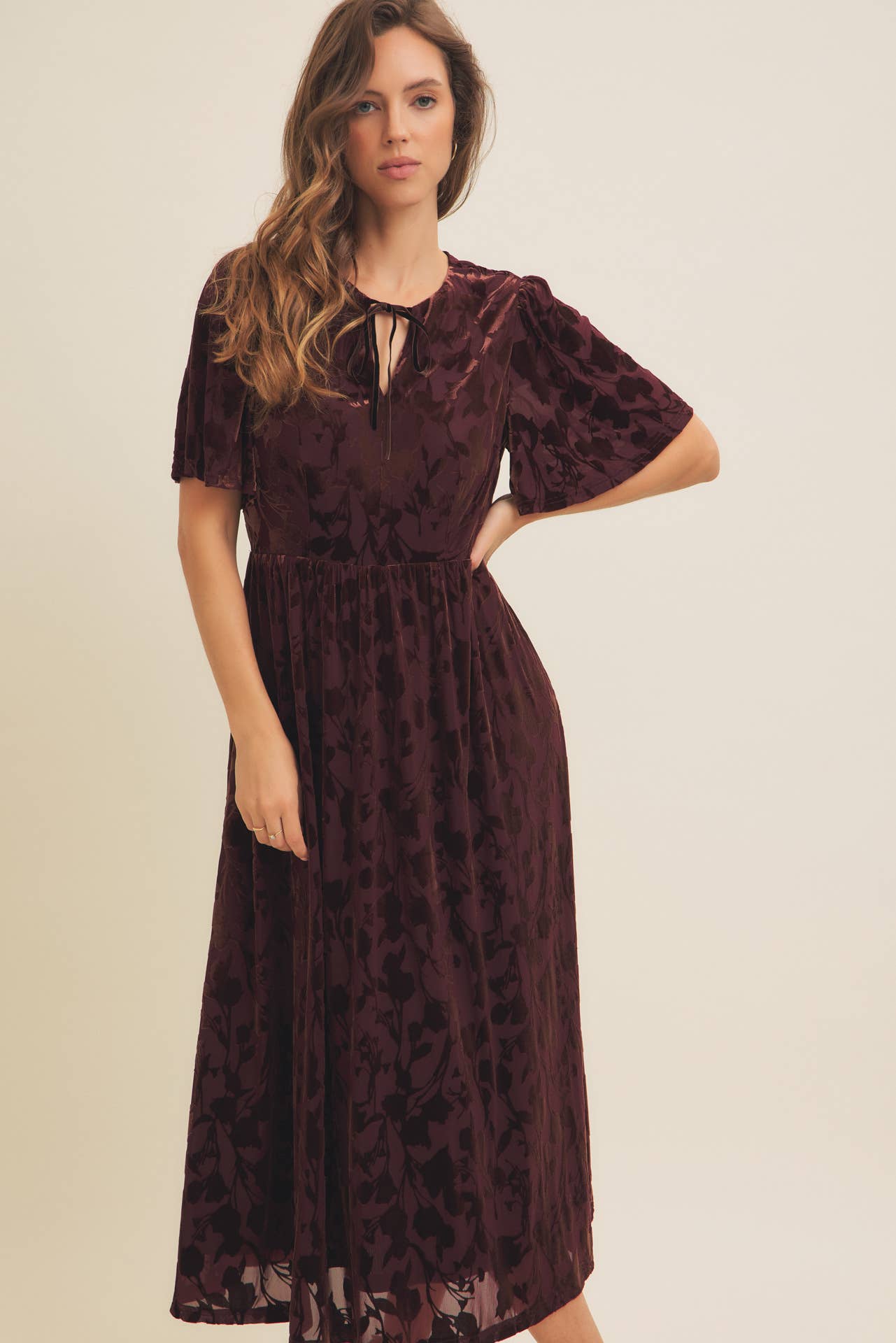 Floral Velvet Burn-Out Midi Dress with Flutter Sleeves