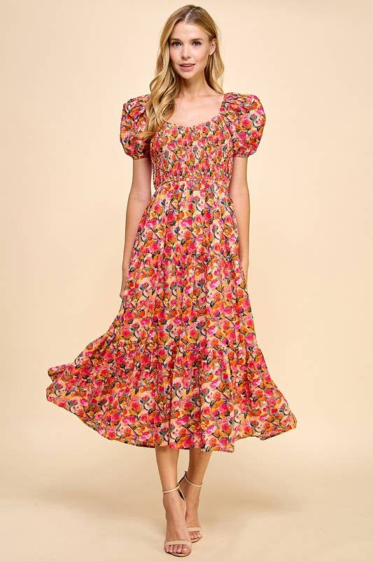 Floral Printed Bubble Sleeves Midi Dress