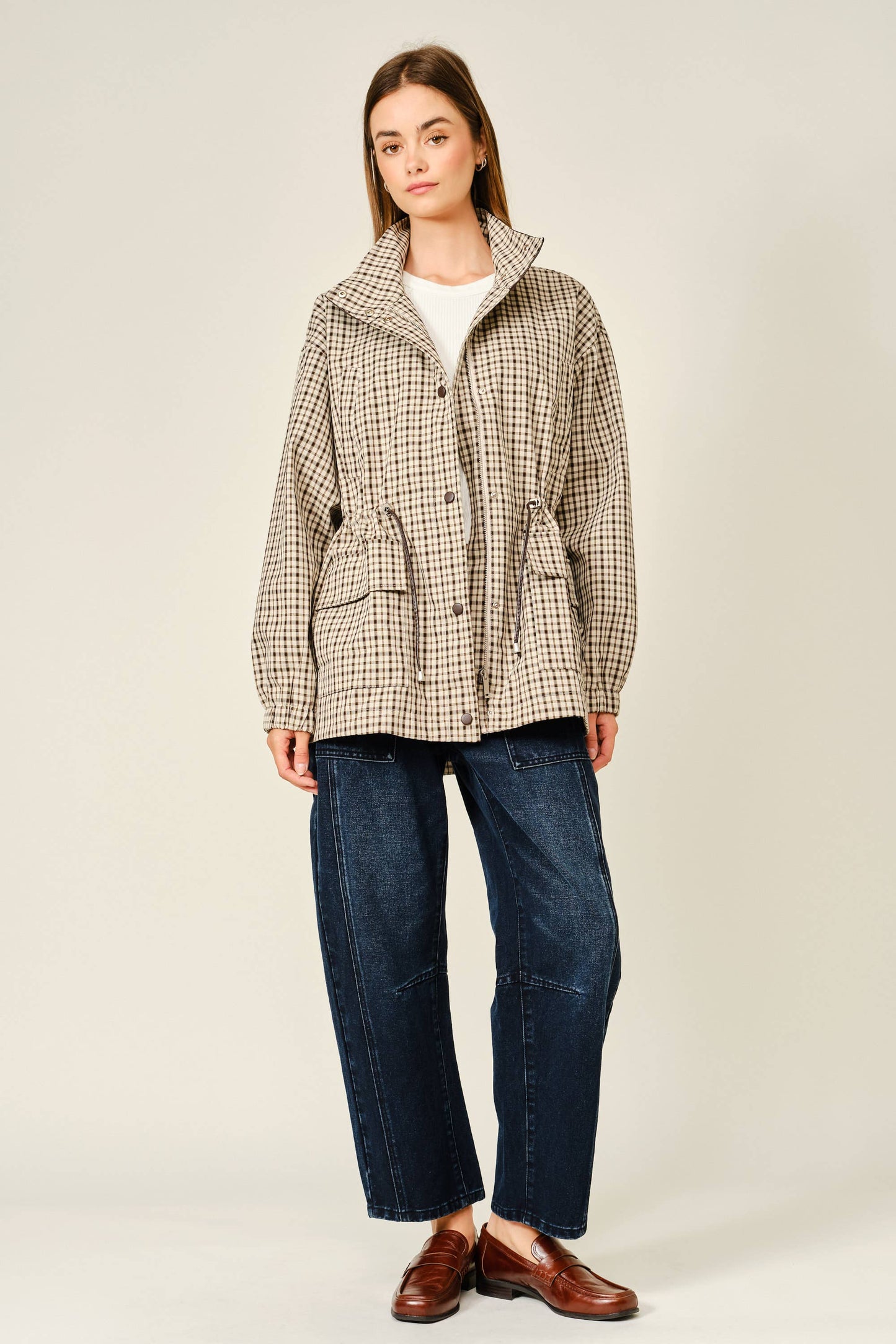 Plaid Faux Leather Funnel Neck Jacket