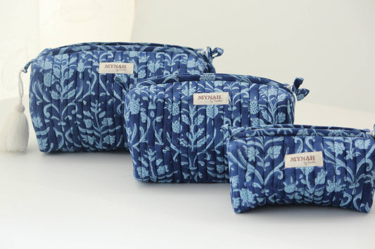Quilted block print floral travel cosmetic bag-Set of 3