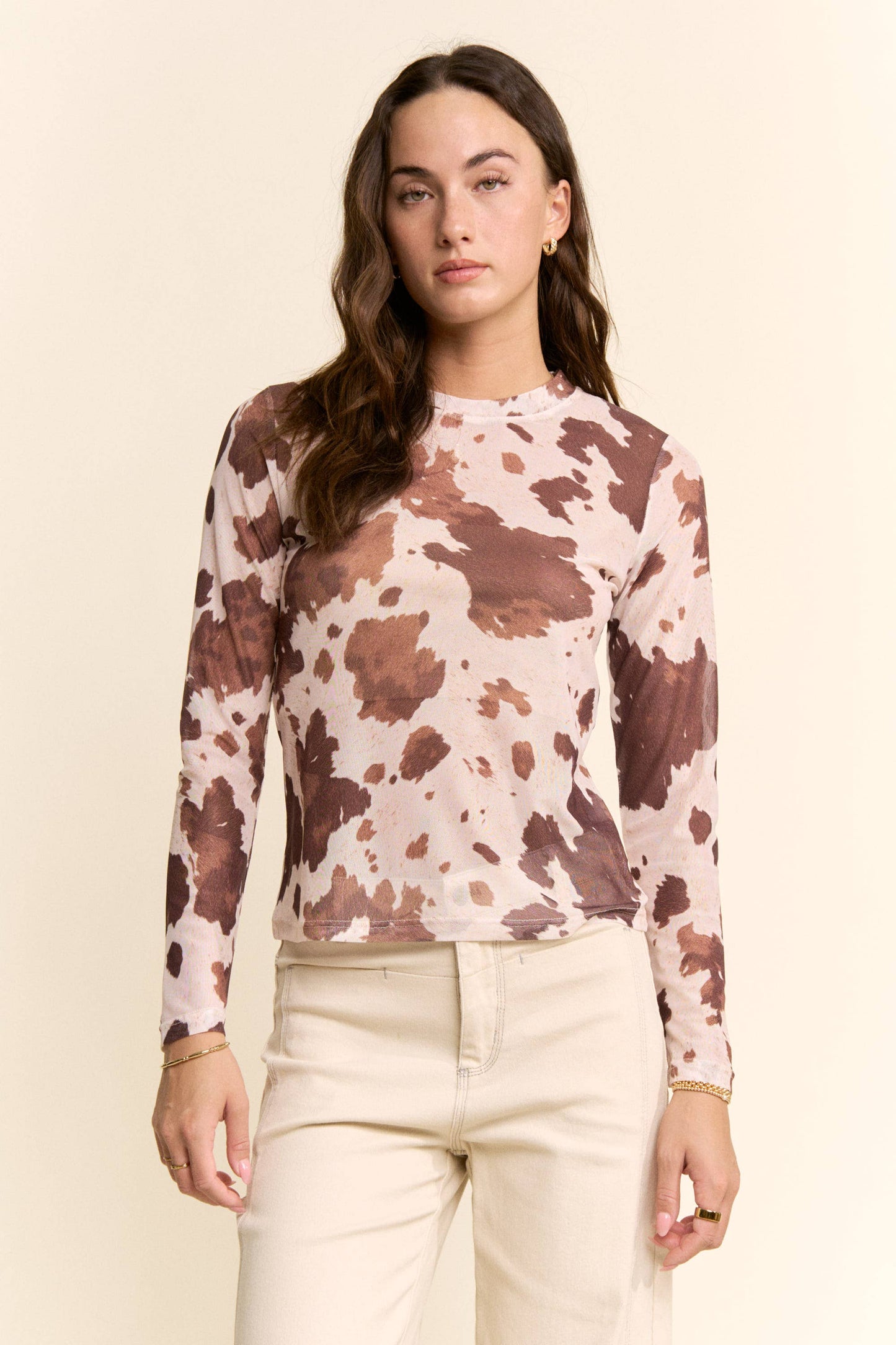 Cow Print Long Sleeve Mesh Top