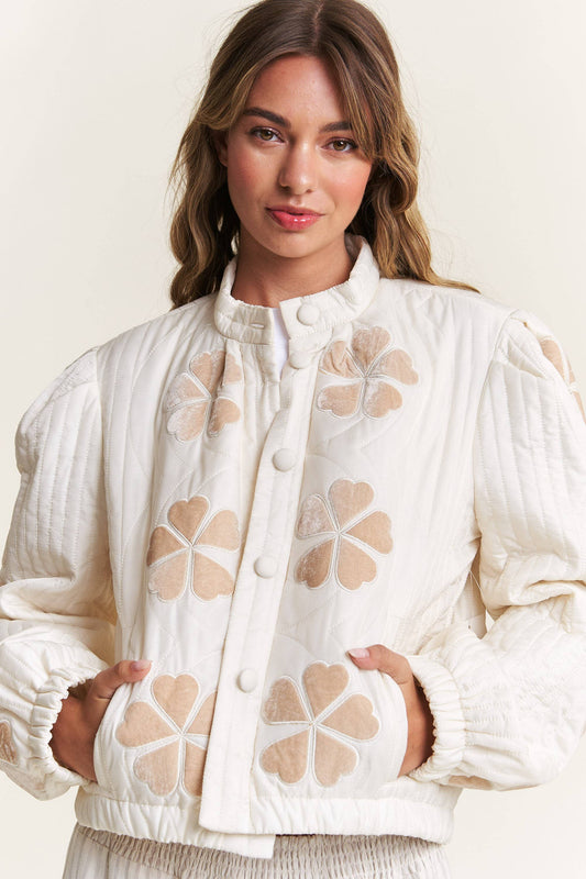 Ivory Floral Quilted Puffer Jacket