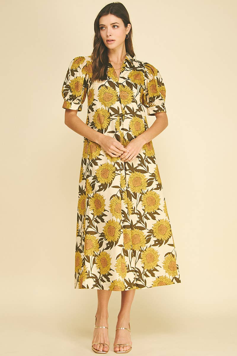 Golden Sunflower Puff Sleeve Midi Dress